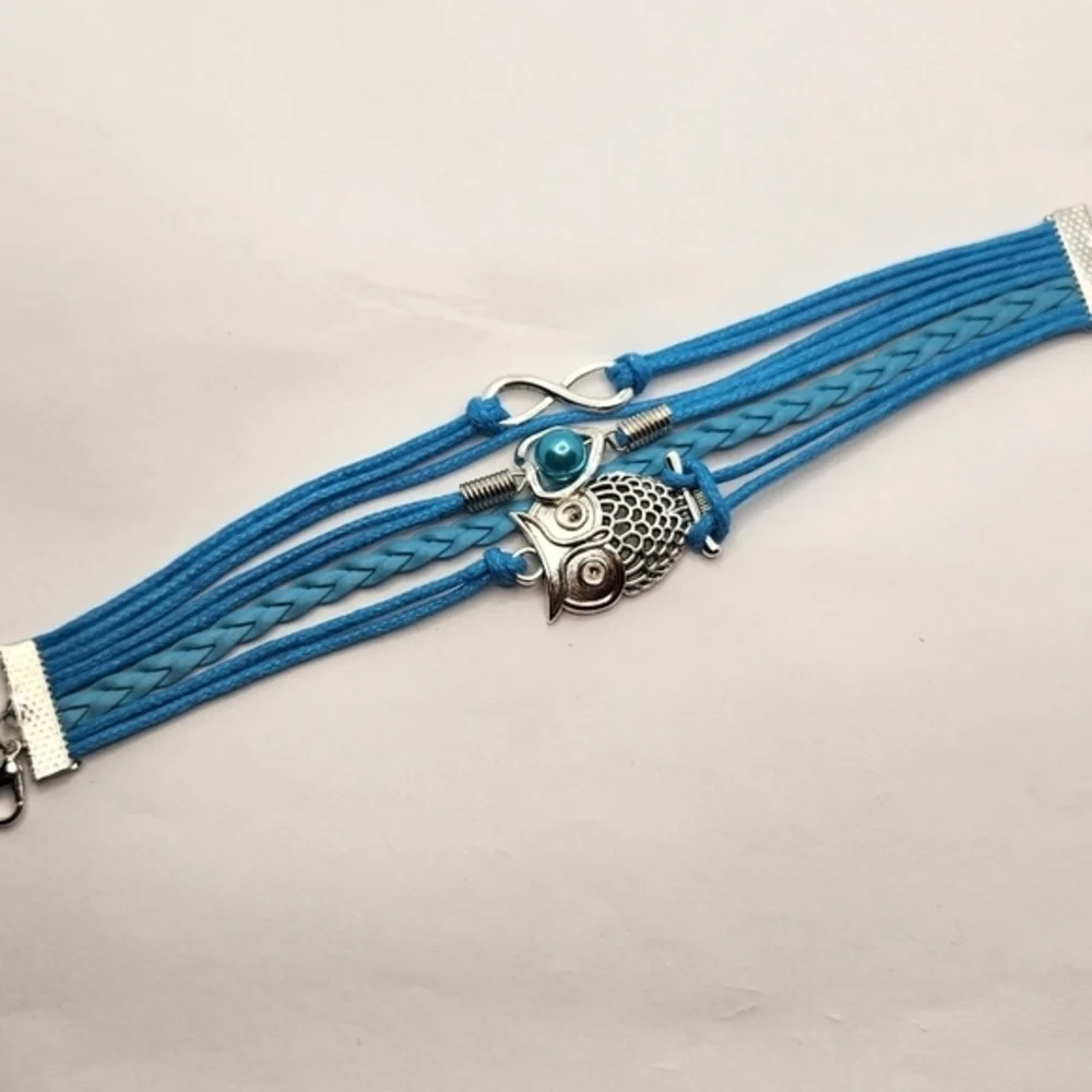 Multi Charm Leathet Bracelet Infinity‎ Symbol with Faux Pearl Heart and Owl